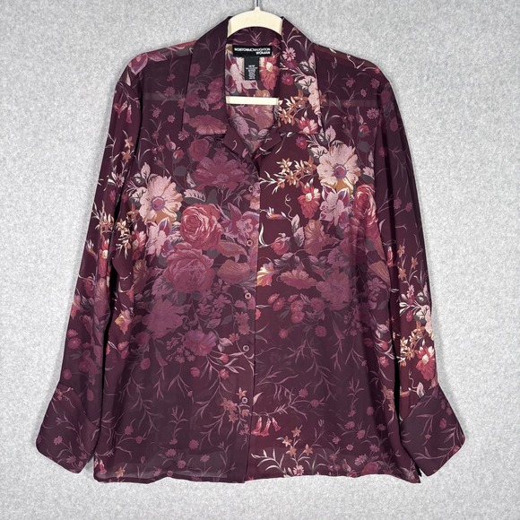 Norton McNaughton Woman Tops - Vintage Burgundy Floral Blouse 16W Sheer Dark Romantic 90s Maximalist Whimsigoth